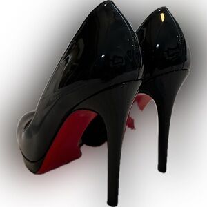 Louboutin pumps, size 38, black, patent leather, 5” heel, 1/2” platform.